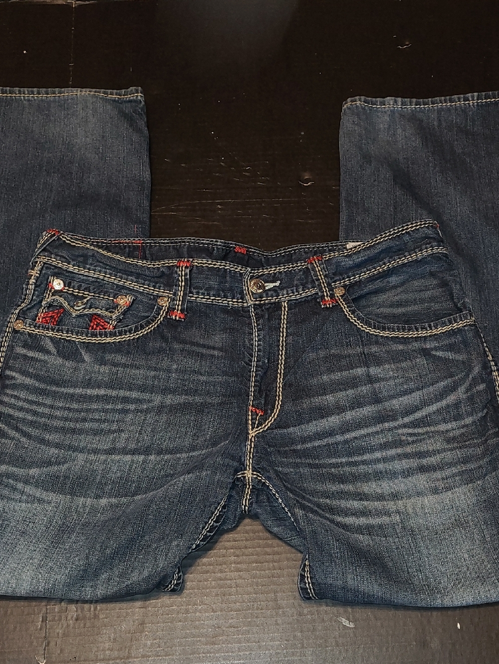 True Religion Dark Blue Straight Leg Jeans with Red Pocket Stitching - Picture 3 of 16